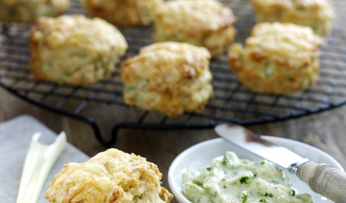 Cheese, Fenland celery and walnut scones served with parsley butter and Fenland celery sticks
