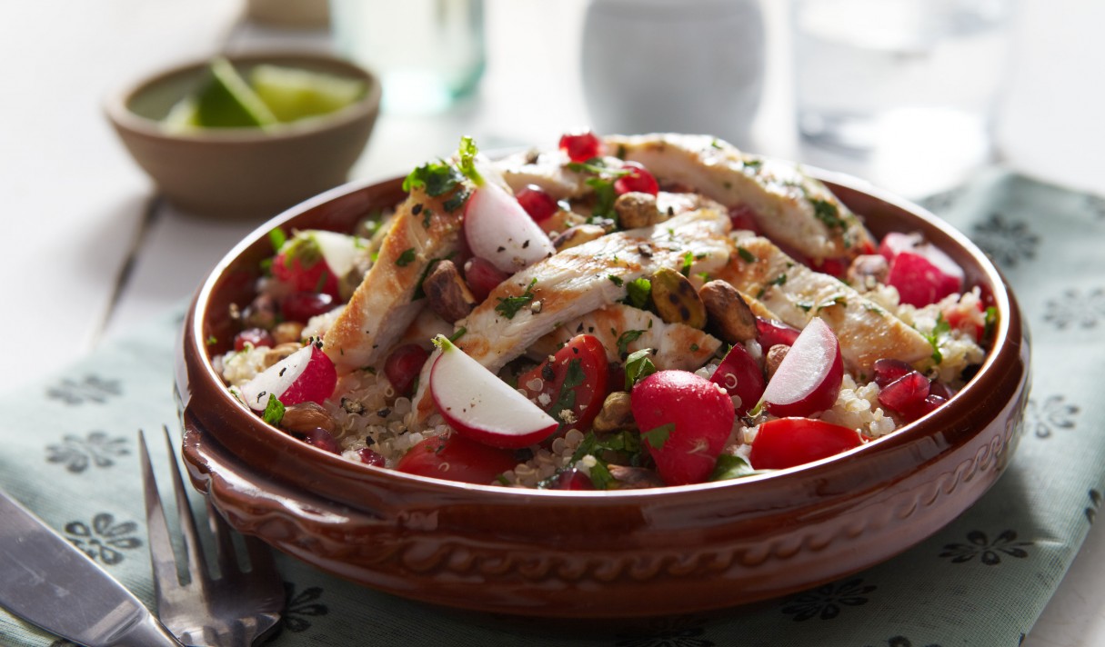 Lowri Turner’s Radish and quinoa tabouleh with with pistachios and grilled, herbed chicken LANDSCAPE