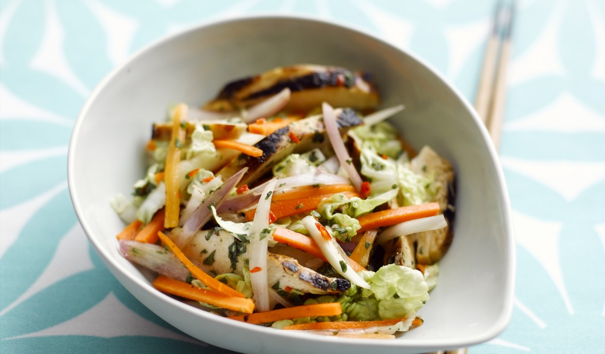 sticky roast chicken with oriental shallot and carrot salad